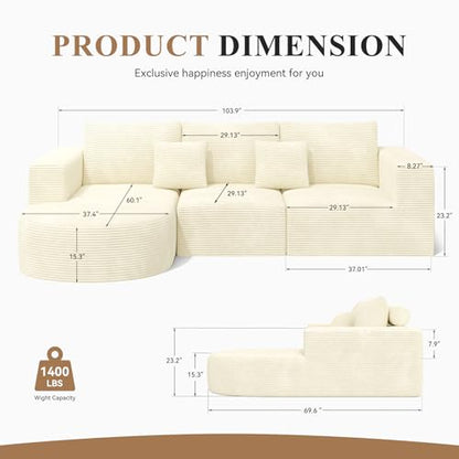 L-Shaped Boneless Couch,104" Couches for Living Room with Curved Chaise,Modular Sectional Sofa with Deep Seat,Modern Cozy Cloud Compression Sofas,No Assembly Required(Beige) 1PCS
