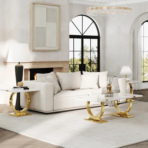 White and gold square end table with polished metal U-base, view 5
