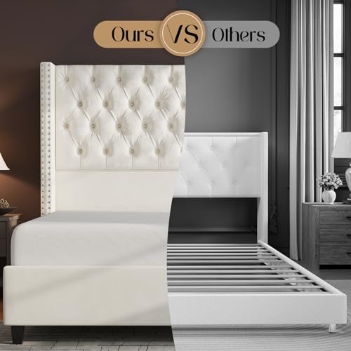 Queen Bed Frame with 51.6" Tall Upholstered Headboard,Cream, view 7