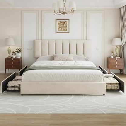 King Size Bed Frame with 4 Storage Drawers, Adjustable Height Headboard, view 5
