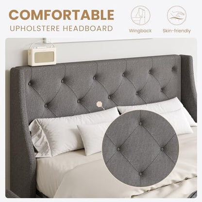 Upholstered Queen Size Platform Bed Frame with 4 Storage Drawers and Wingback Headboard, Diamond Stitched Button Tufted Design, No Box Spring Needed, Light Grey
