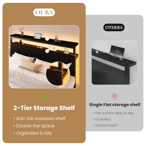 King LED Bed Frame, 2 Storage Drawers, Charging Station, Black, view 6