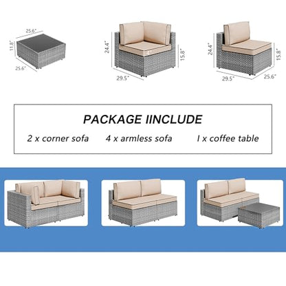 7 Pieces Outdoor Patio Furniture Sets, Patio Sectional Sofa Couch, Gray PE Wicker Furniture Modular Patio Conversation Sets Patio Sofa with Washable Cushions, Gray/Khaki
