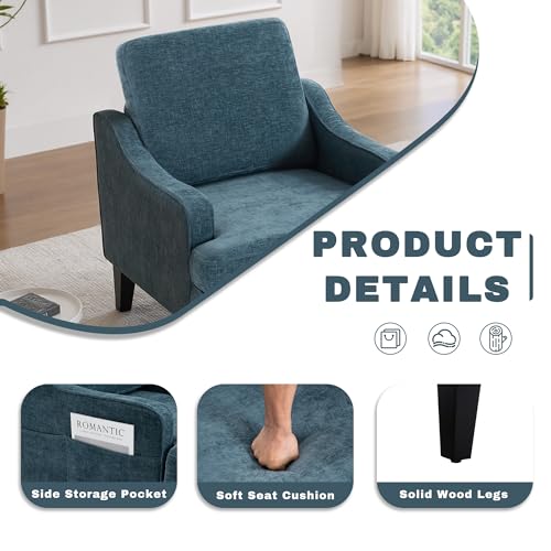 Set of 2 Accent Chair for Living Room,Mid-Century Arm Chair Chenille Fabric Living Room Chairs,Upholstered Reading Chair for Bedroom,Single Sofa Chair with Wood Legs for Apartment (Blue)
