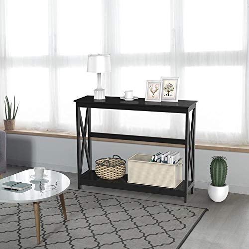 Black two tier X design console table with storage shelf, view 7
