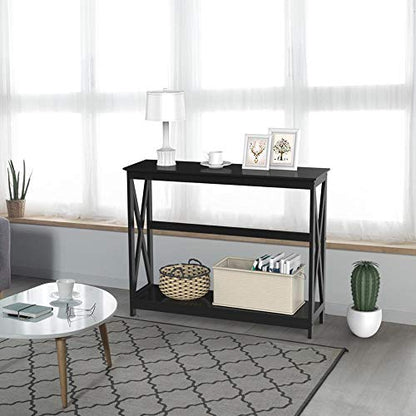 Black two tier X design console table with storage shelf, view 7