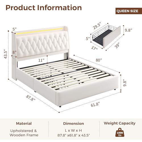 Queen LED Velvet Bed Frame with 2 Storage Drawers&Hidden Headboard, view 3