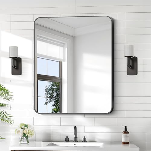 30x36 Inch Rectangle Bathroom Mirror with Black Metal Frame,Modern Design of Wall Mounted Upgraded Shatterproof Glass, Rounded Corners for Bedroom, Living Room, Entryway