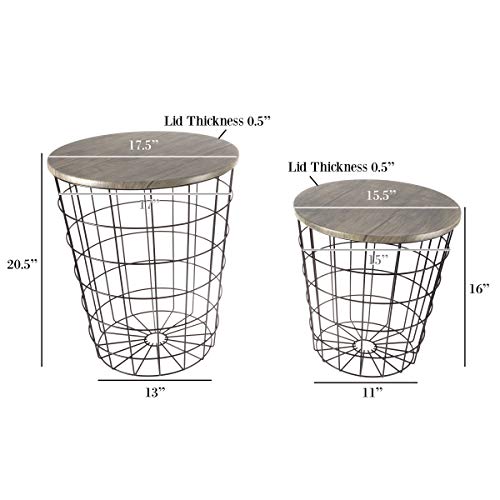 End Tables Set of 2 - Nesting Tables with Removable Wood Tops and Metal Basket Bases for Blanket Storage - Round Side Furniture for Living Room, Bedroom, or Home Office by (Gray/Black)