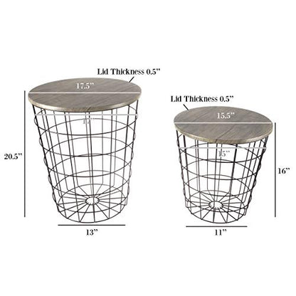 End Tables Set of 2 - Nesting Tables with Removable Wood Tops and Metal Basket Bases for Blanket Storage - Round Side Furniture for Living Room, Bedroom, or Home Office by (Gray/Black)