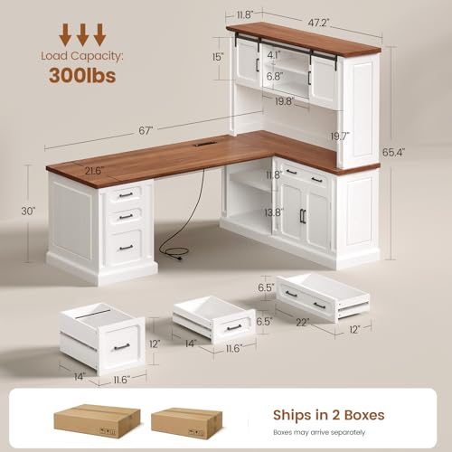 67" Farmhouse Executive L Shaped Desk with Hutch & Storage, view 3