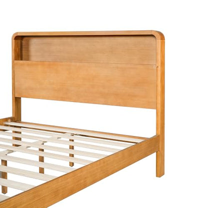 King Solid Wood Platform Bed with Open Storage Headboard, Light Brown, view 7