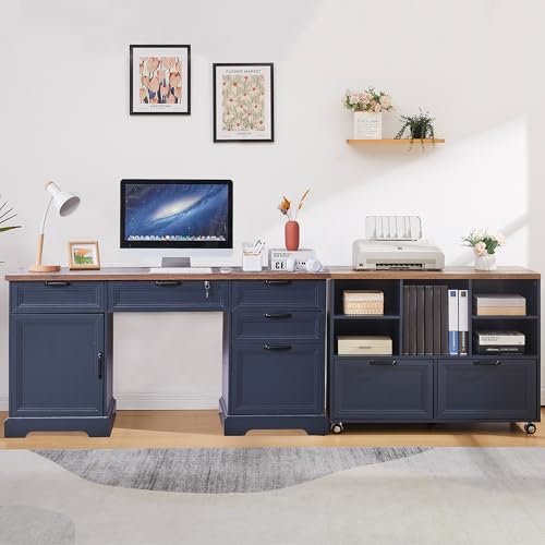 60" Farmhouse Executive Desk with 40" Mobile File Cabinet,L Shaped Desk Set with Charging Station,Office Desk with Storage Drawers,Wood Computer Desk Set for Office Work,Home Study