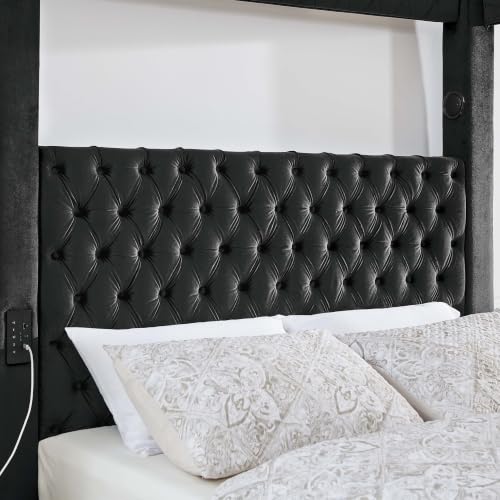 Queen Size Canopy Bed Frame, Velvet Upholstered Bed with Headboard, Black, view 4