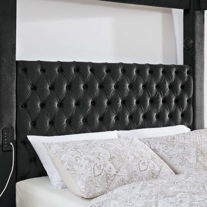Queen Size Canopy Bed Frame, Velvet Upholstered Bed with Headboard, Black, view 4