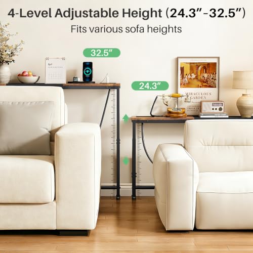 Behind Couch Table, Adjustable Height (4 Levels), 76.9" Long Narrow Console Table with Power Strip (2 AC, USB & USB-C) & Anti-Tip Wall Screws, Slim Sofa Table for Living Room