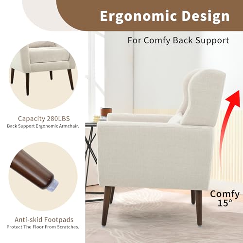 Modern Accent Chair, Upholstered Arm Chair with Waist Pillow, Single Sofa Chair for Living Room Bedroom Small Spaces (Beige)