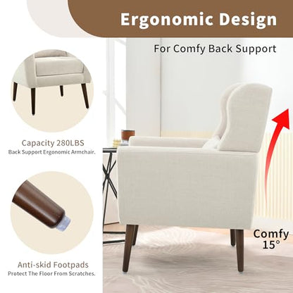 Modern Accent Chair, Upholstered Arm Chair with Waist Pillow, Single Sofa Chair for Living Room Bedroom Small Spaces (Beige)