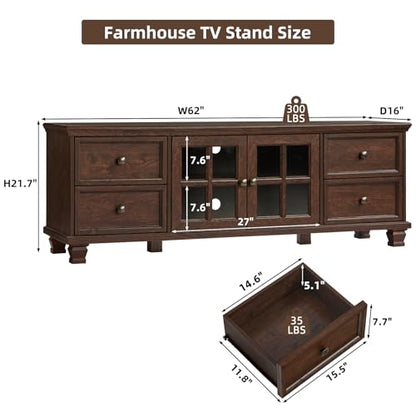 Farmhouse TV Stands for Living Room, Brown Entertainment Center with Storage, Wood TV Console with 4 Drawers, Rustic TV Cabinet for 65 inch TV, Walnut