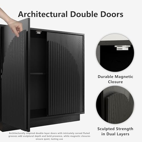 31.5" Small Buffet Cabinet with Storage, Arched Doors, Black, 1PCS, view 5