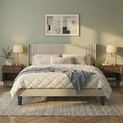 King Bed Frame with Wingback Headboard, Upholstered Platform Bed, view 5