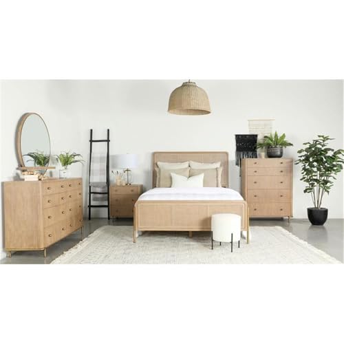 Upholstered Wood Eastern King Panel Bed, Sand Wash Natural Cane Finish, Solid Wood Rattan Construction, Mid-Century Modern Style, 56.25" H x 81.25" W x 91" D, Bedroom Furniture