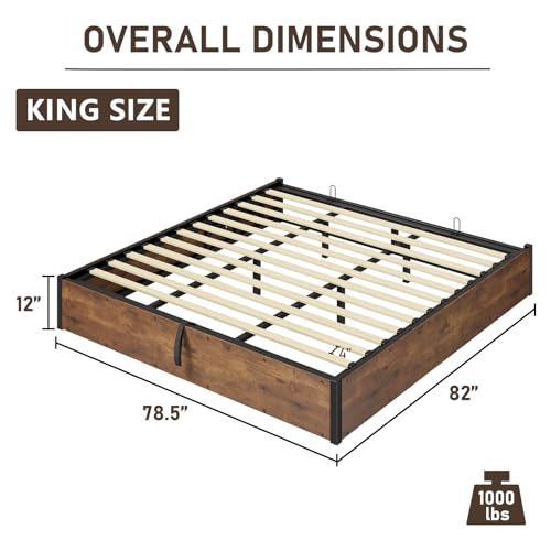 King Size Bed Frame with Lift Up Storage, Rustic Brown, view 3
