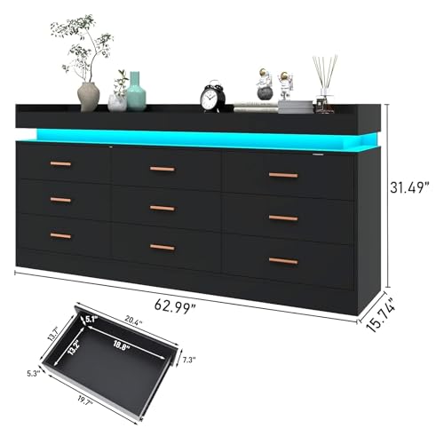 9 Drawer Dresser with LED Light and Charging Station, view 3