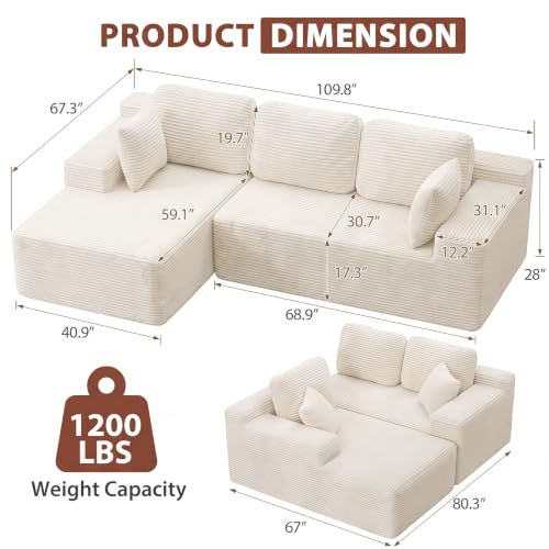 110" Boneless Sectional Couch, Modular Sectional Sofa L-Shape Couch with Deep Seat, Cloud Comfy Boneless Couch for Living Room, No Assembly Required (Corduroy, Beige)