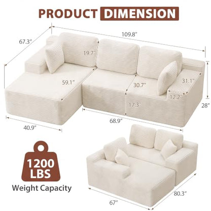 110" Boneless Sectional Couch, Modular Sectional Sofa L-Shape Couch with Deep Seat, Cloud Comfy Boneless Couch for Living Room, No Assembly Required (Corduroy, Beige)