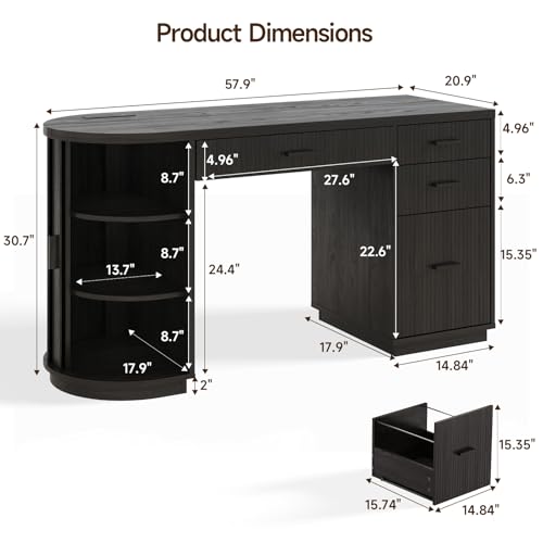 58 Inch Fluted Executive Desk, Computer Desk with Storage Drawers & File Drawer, Modern Home Office Desk with Charging Station for Working, Studying, Writing, Black