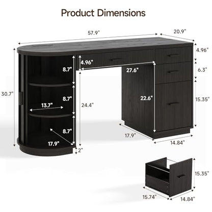58 Inch Fluted Executive Desk, Computer Desk with Storage Drawers & File Drawer, Modern Home Office Desk with Charging Station for Working, Studying, Writing, Black