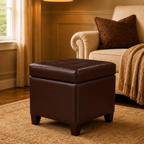 Leather Ottoman with Storage,18" Square Ottomans Foot Rest with Hinged Lid & Solid Wood Legs Upholstered Cube Footstool Hidden Storage for Living Room, Bedroom(Brown)