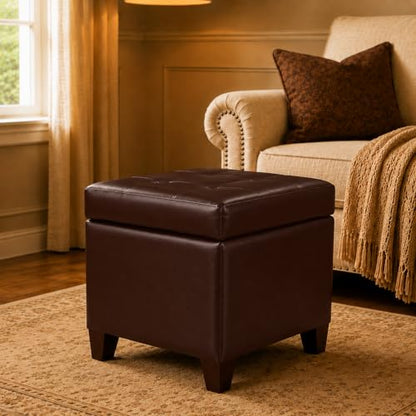 Leather Ottoman with Storage,18" Square Ottomans Foot Rest with Hinged Lid & Solid Wood Legs Upholstered Cube Footstool Hidden Storage for Living Room, Bedroom(Brown)