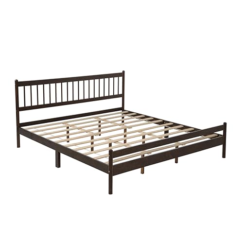 JIVOIT King Size Platform Bed with Headboard and Footboard, Traditional Style Pinewood Bed with Strengthened Bed Frame, Under-Bed Storage Space, No Box Spring Needed