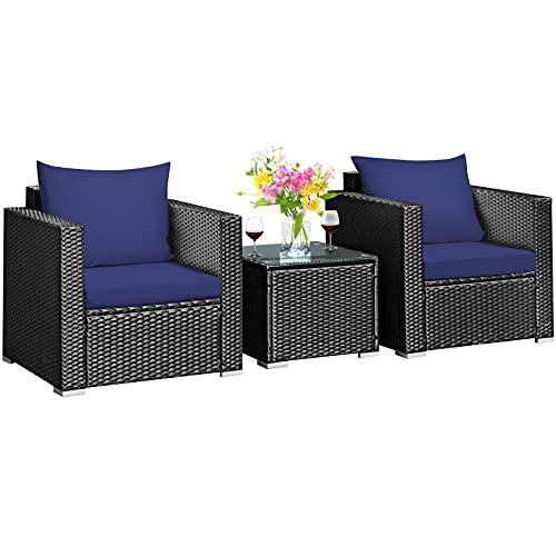 3 Pieces Patio Furniture Set, PE Rattan Wicker Sofa Set w/Washable Cushion and Tempered Glass Tabletop, Outdoor Conversation Furniture for Garden Poolside (Navy Blue)