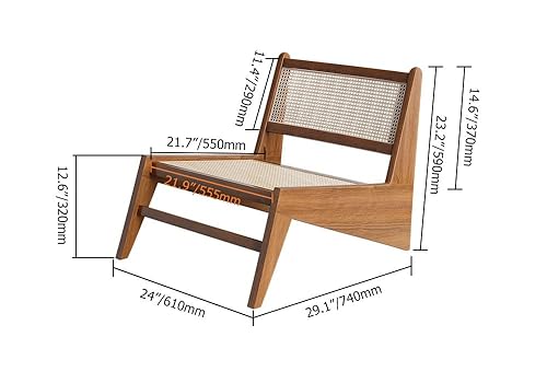Mid Century Modern Chair Japandi Walnut Rattan and Wood Lounge Chairs Armless Accent Chair for Living Room Bedroom Balcony & Patio
