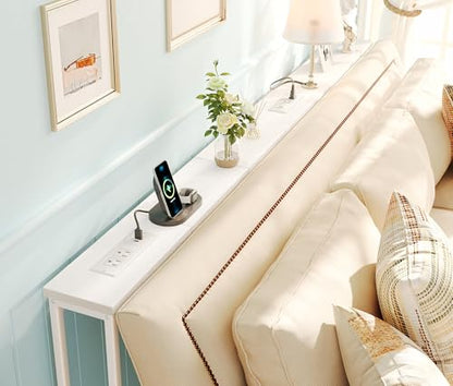 5.7 Inch Narrow Console Table with Outlet, Sofa Tables, Total Length 78.8'', Behind Couch Table, Long Entryway Tables with Charging Station, for Living Room, White