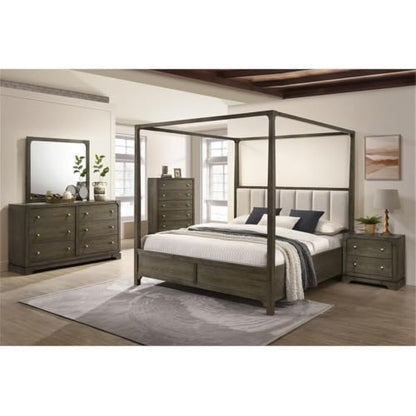 Queen Canopy Bed, Dark Cocoa Finish, Solid Hardwood and Ash Veneer, Upholstered Beige Headboard with Vertical Channeling, Transitional Design, 80.25" H x 63" W x 87" D, Bedroom Furniture
