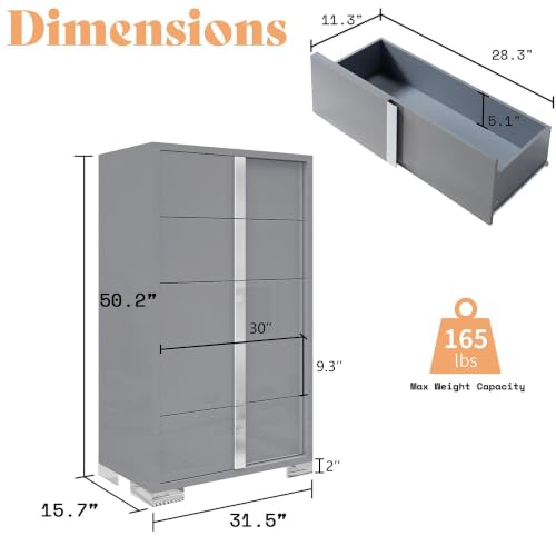 5 Drawer Dresser with Glossy Finish, Modern Storage Chest, Grey, view 3