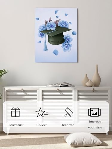 NuYeBiofx Graduation Cap Flowers Roses Canvas Wall Art Prints,40"x28" Framed Picture Artwork Blue Background Printed Canvas Oil Painting for Living Room Bedroom Office,Ready to Hang