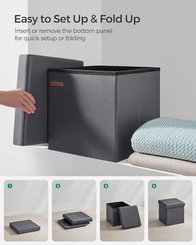 SONGMICS Mazie Collection - 15 Inches Ottoman with Storage, Footstool, Storage Ottoman, Load 660 lb, for Dorm, Living Room, Bedroom, Synthetic Leather, Dark Gray ULSF010G01