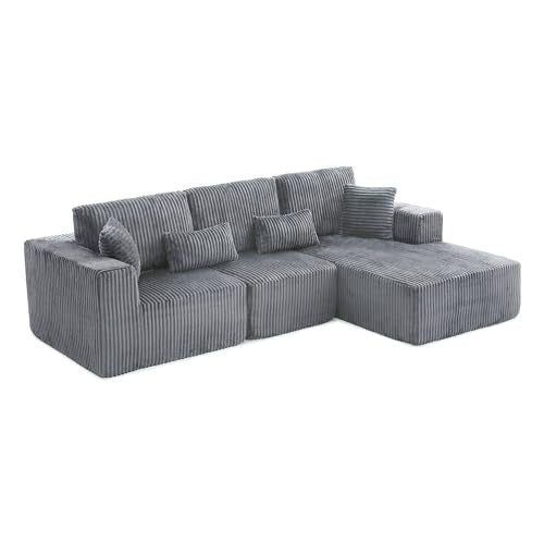 109" Modular L-Shaped Corner Cloud Sofa Corduroy Modular Couches with Deep Seat, 3 Pieces Compressed Boneless Sofa W/Right Chaise Lounge and 4 Pillows for Living Room
