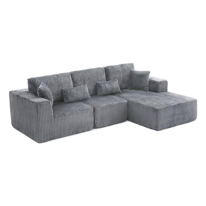 109" Modular L-Shaped Corner Cloud Sofa Corduroy Modular Couches with Deep Seat, 3 Pieces Compressed Boneless Sofa W/Right Chaise Lounge and 4 Pillows for Living Room