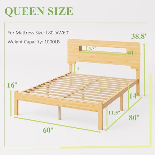 Solid Bamboo Wood Queen Bed Frame with Storage Headboard, view 3
