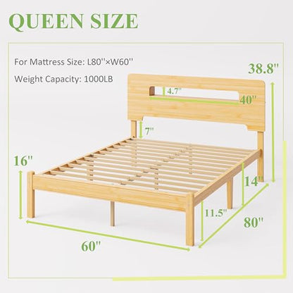 Solid Bamboo Wood Queen Bed Frame with Storage Headboard, view 3