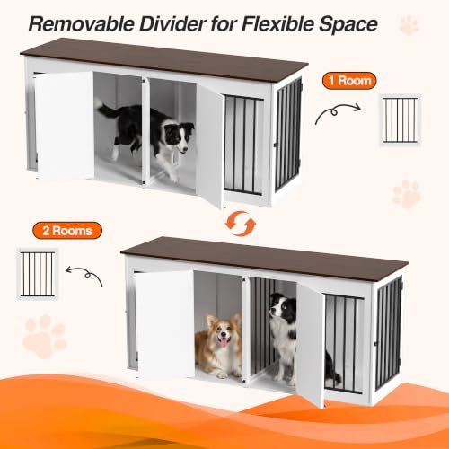 71" Double Dog Crate Furniture, Wooden Indoor Dog Kennel with Removable Divider, view 6