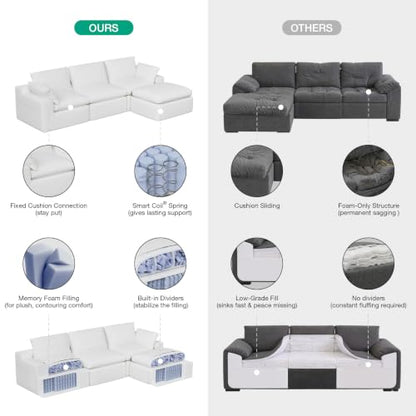 104.3" Modular Cloud Couch, Modern Sectional Sofa with Smarts Coil® Support, Chenille Fabric, Upholstered Couch for Living Room Apartments Bedroom, No Assembly, 3 Seater + 1 Ottoman, White