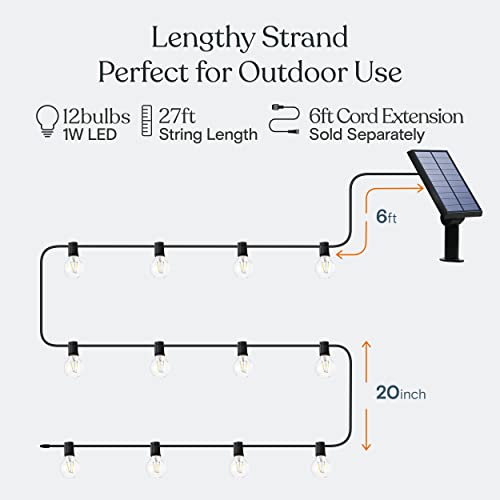 Ambience Pro Solar Powered LED Outdoor String Lights - 27 Ft Commercial Waterproof Patio Lights with Edison Bulbs - Durable String Lights for Outside, Backyard, Porch - 1W, Warm White