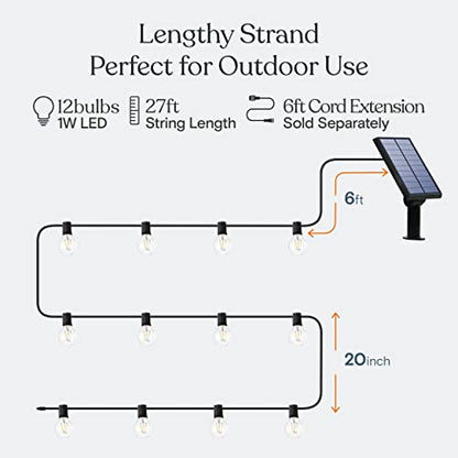 Ambience Pro Solar Powered LED Outdoor String Lights - 27 Ft Commercial Waterproof Patio Lights with Edison Bulbs - Durable String Lights for Outside, Backyard, Porch - 1W, Warm White